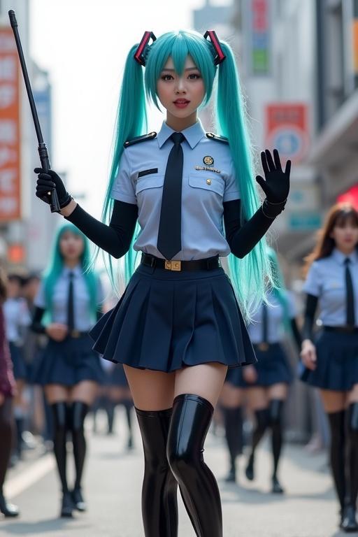Hatsune Miku wears a police uniform. The outfit includes a light blue shirt with a black tie. The skirt is knee-length and navy blue. She has on black stockings and thigh-high boots. She holds a police baton and performs in a Japanese street. Women around her are also in the scene.