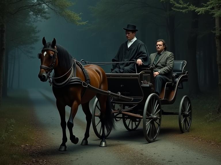 Night scene in a forest. A horse-drawn carriage with a bay horse is on a forest lane. A coachman in a cassock drives from the front. A judge in a hat sits behind with a neser on lap and cane in hand.