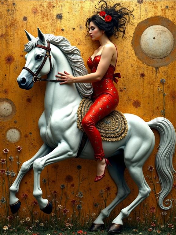 3D multi-layered artwork features a woman in a red outfit riding a white horse. Background has a golden texture with circular patterns. The style is reminiscent of Klimt, with intricate details and a whimsical feel.