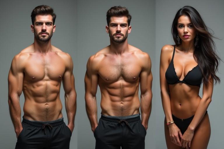 A sequence showcasing a muscular man and a gorgeous woman. Both possess the same facial features. Focusing on transformation, showcasing strength and beauty. Consistent elements highlight evolution from muscularity to femininity.