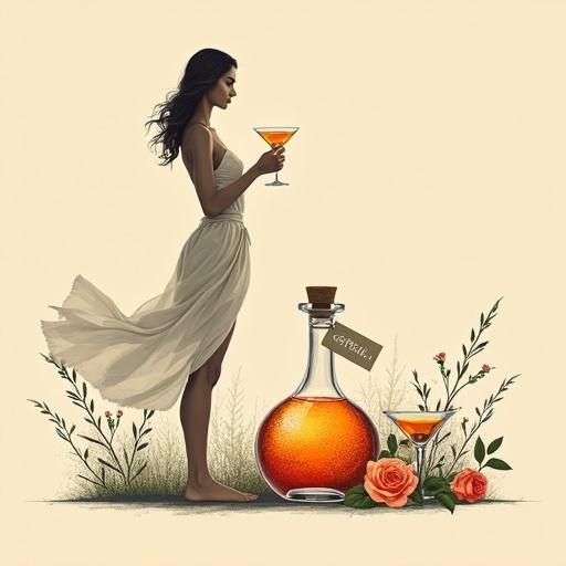 Minimalist scene with goddess holding cocktail glass. She wears a flowing sarong. Beside her is a glowing apothecary bottle. Tag displays 'ALFRUNO'. Two glasses flank the bottle. Surrounding elements include roses and wildflowers. Background is beige. Composition is minimalist with bold strokes.