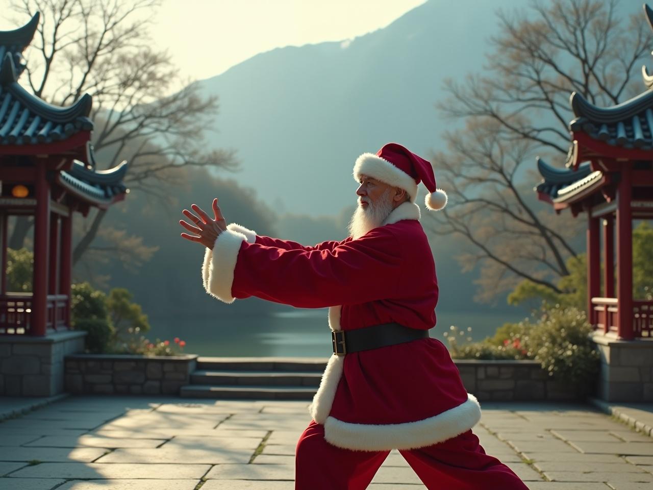 Aerial cinematic image of Santa Claus performing a graceful Tai Chi Chuan sequence in a tranquil Chinese garden. The scene embodies the beauty and serenity of Tai Chi. Santa faces directly towards the camera, showcasing the global reach of this ancient practice. It is early morning, and there is snow visible on the distant mountains, adding to the peaceful atmosphere. The image has a hyper-realistic quality and is reminiscent of footage shot on an Arriflex camera.