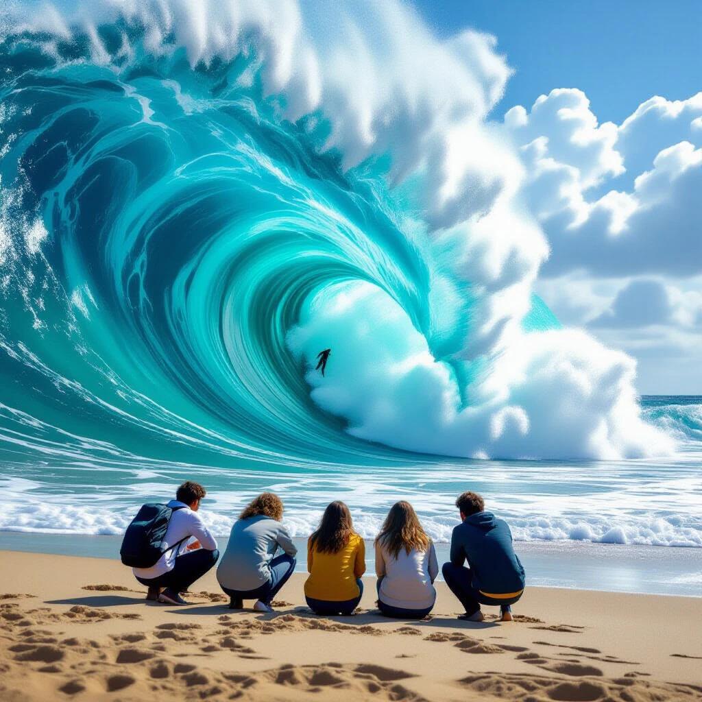 People crouch on the sand at the beach. They look horrified beneath a giant wave. The wave is about to crash. The scene is realistic and dramatic.
