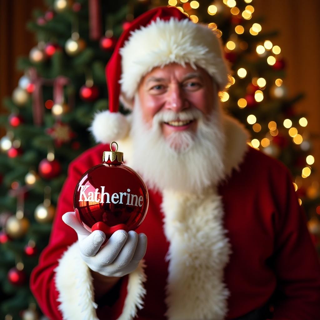 Joyful Santa Claus dressed in red and white attire. Smiling while holding a shiny red bauble with the name Katherine. Beautifully adorned Christmas tree in the background. Exudes warmth and festive cheer. Rich colors with a cozy atmosphere. Essence of holiday joy and gift-giving.