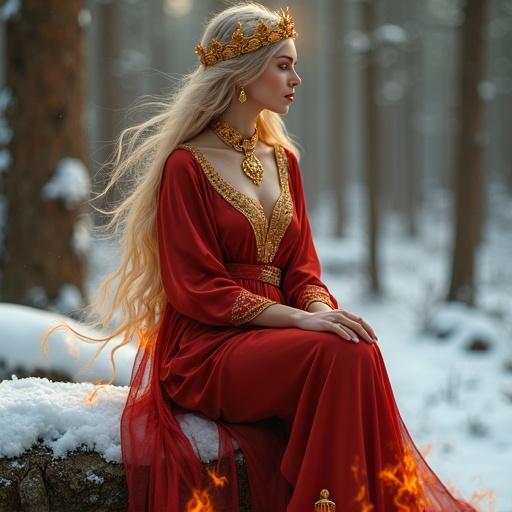A mature female fire spirit seated on a snowy rock in a mystical forest. She has a slender figure in a crimson robe exposing one shoulder. Long hair flows like flames. Wears a golden tiara and intricate jewelry. A glowing aura of flames surrounds her. Expression is calm and loving. Scene feels majestic and radiant. Fantasy art style with high resolution.