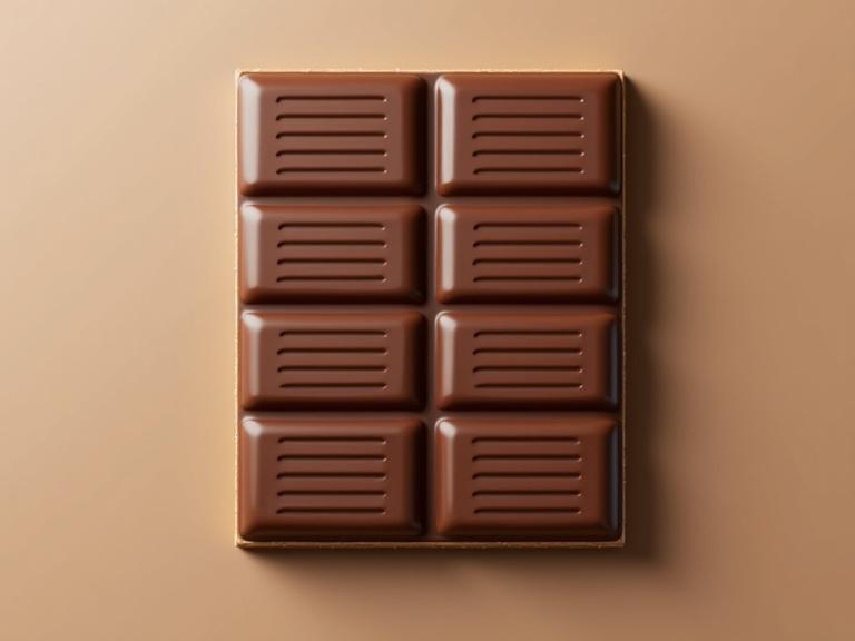 A rectangular chocolate bar made of chocolate covered wafers joined in parallel. The bar is smooth and has clearly defined segments. The background is neutral and enhances the chocolate color.