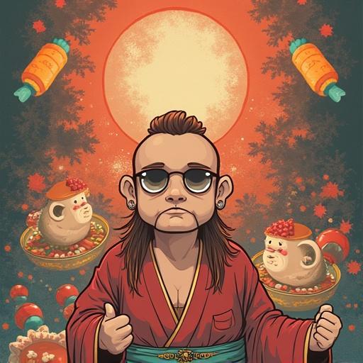 A cartoon-style illustration featuring a central character in traditional clothing with sunglasses. Surrounding elements include playful characters and fruits, creating a whimsical atmosphere.