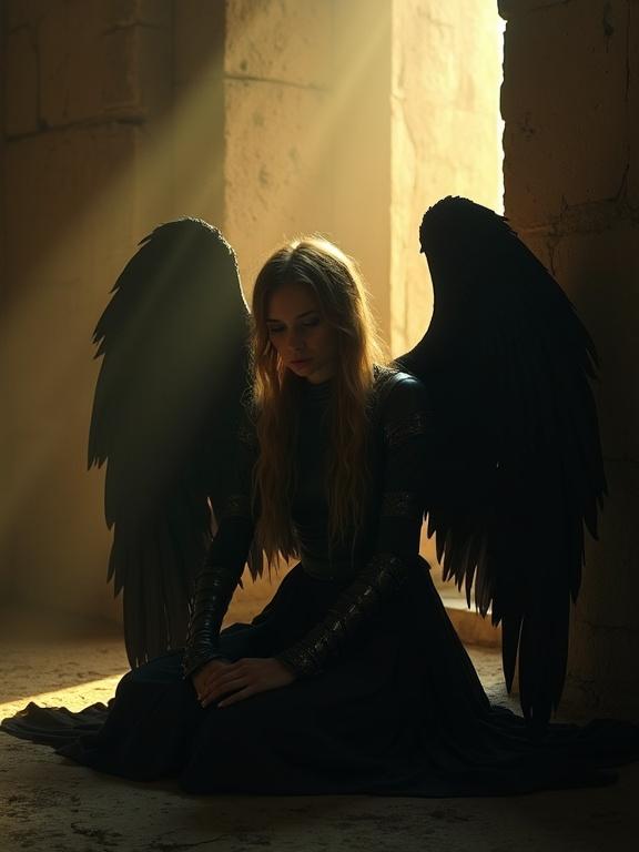 Haunting cinematic portrait of a female angel sitting solemnly. She has large black feathered wings and wears black armor. A shaft of warm golden light cuts through a dimly lit room. The aged textured walls contribute to a somber vibe. Evokes a quiet ethereal mood and sense of isolation.