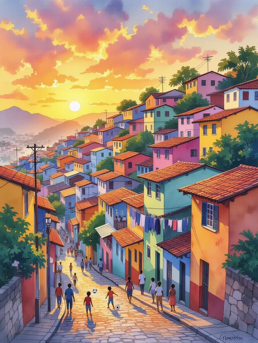 Watercolor painting of Brazilian favela during sunset. Houses in vibrant colors cascade down the hill. Residents end their work day. Children play soccer in the streets. Families gather on rooftops. Laundry lines create patterns in the sky. Soft strokes that capture humidity. Style combines traditional and modern influences. Luminous colors enhance the scene.
