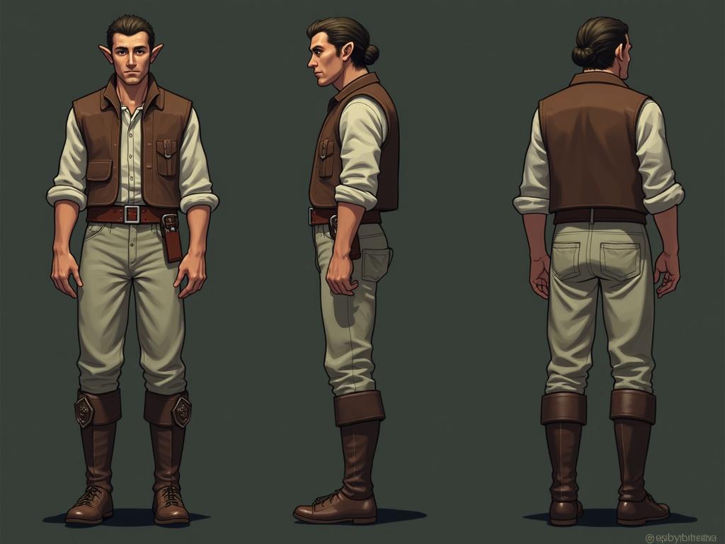Depict a male elf character. The elf has pointed ears and a serious expression. Character wears a brown vest over a white shirt. Trousers are beige with brown boots. Standing pose shows his front view, side view, and back view.