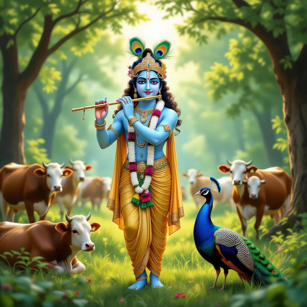 Realistic depiction of Lord Krishna in a lush green forest. Blue skin, golden dhoti, peacock feather crown. Playing flute surrounded by cows and a peacock nearby. Soft sunlight filters through the trees. Vibrant, peaceful scene.