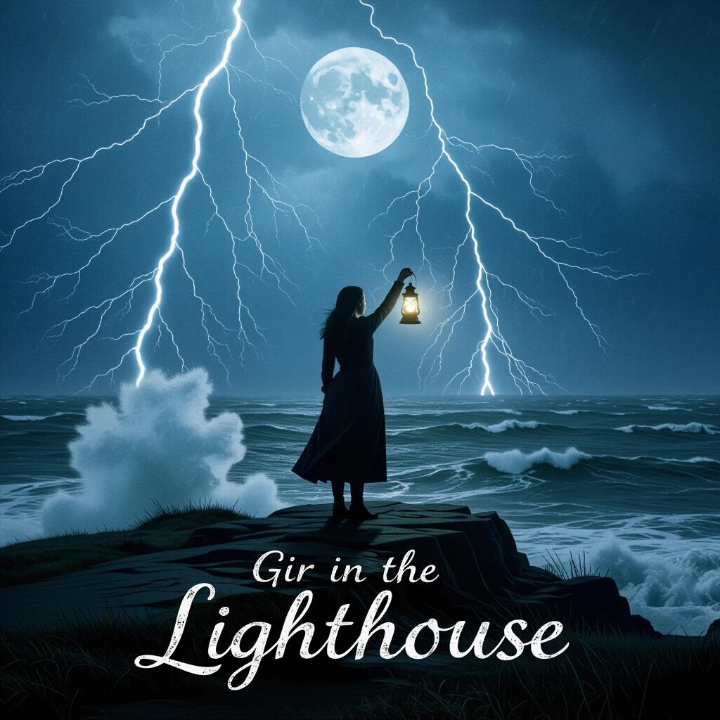 Movie poster featuring a girl standing at a cliff during a storm. She holds a flickering lantern with moonlight illuminating her. Waves crash behind her as lightning strikes. Dark Gothic palette with sharp contrast. 4K resolution.