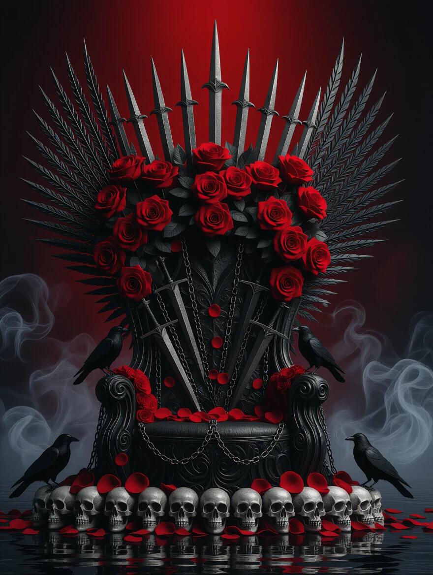 A hyper-detailed gothic throne adorned with red and black roses. Long gothic daggers rise vertically among the roses. Metallic chains hang downwards. At the base, there are skulls and rose petals. Two curved daggers cross at the center. Black ravens are perched on the throne. Dark mist curls upwards. The background features a gradient from black to dark crimson. Designed for character presentation with cinematic lighting and shadows.