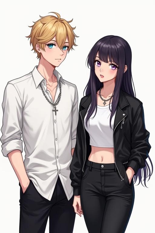 Anime styled couple. University-themed illustration with a boy and girl. Boy has blonde hair and blue eyes, wearing a white shirt and silver chain. Girl has black hair, purple eyes, wears a black leather jacket and crop shirt. Full body presentation in single frame.