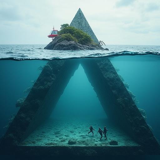 Scene maritime surréaliste. Structure impossible semblable au triangle de Penrose. Grande masse d'eau avec vagues agitées. Îlot rocheux avec phare rouge et blanc. Sous l'eau, baleine à bosse et plongeurs. Ciel légèrement nuageux. Éléments marins réalistes et géométrie irréelle.
