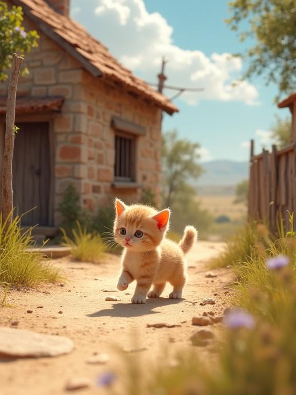 A small cat plays on a dusty road. The cat has orange fur with white markings. Nearby stands a small old brick house with a wooden door. The scene is set under a sunny sky with fluffy clouds.