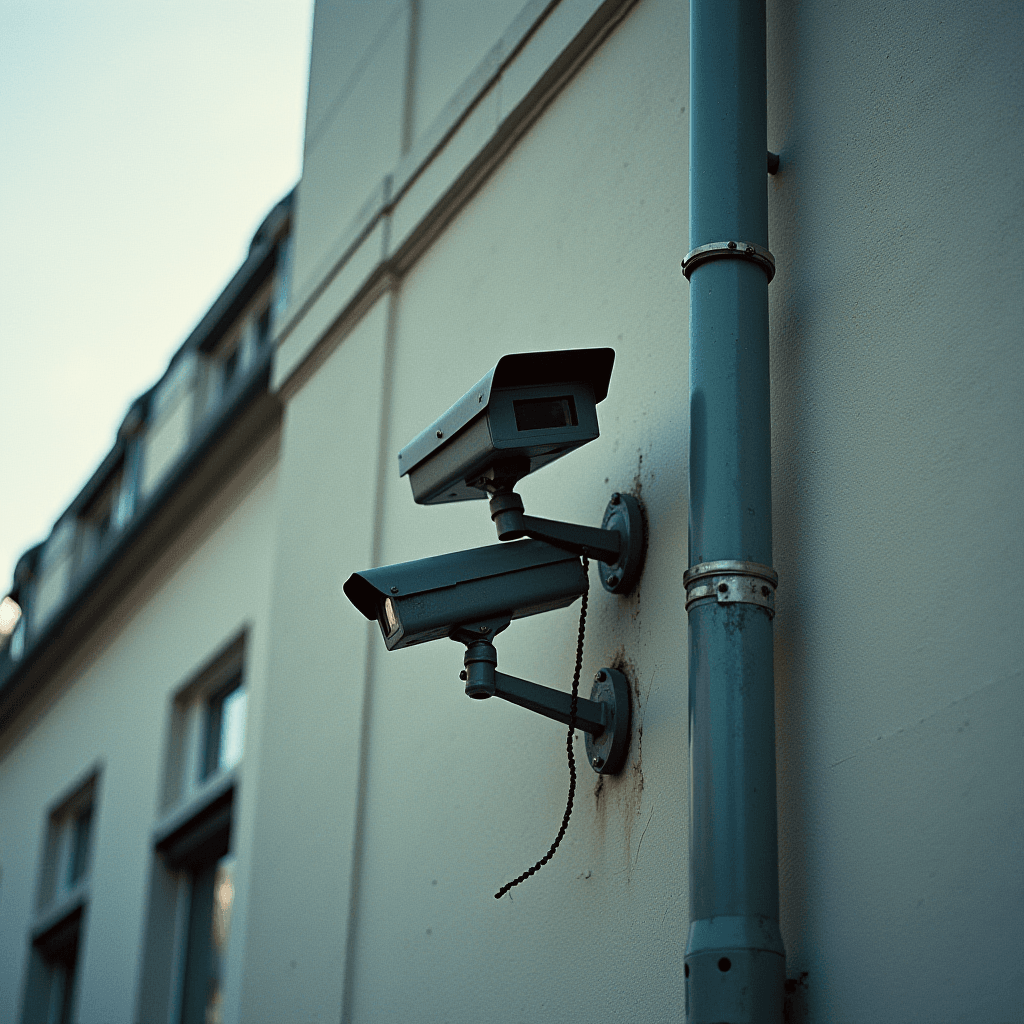 A pair of security cameras mounted on the side of a building.