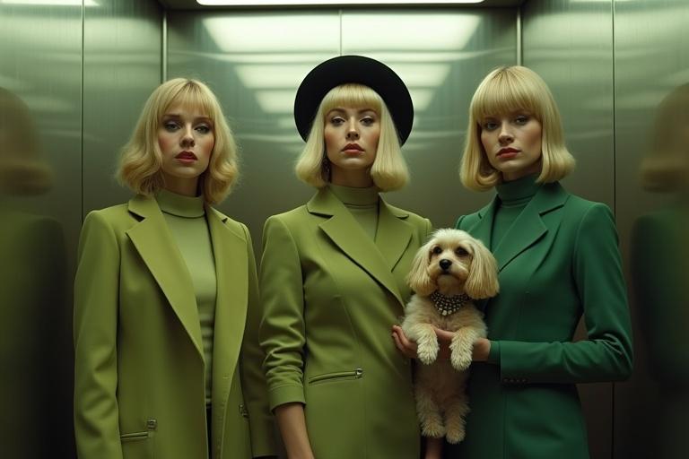 Three women showcase retro-futuristic fashion from the 1960s-1970s. They wear high-neck dresses and long coats in muted green shades. Some have black berets while one holds a small dog. The women stand closely in a big elevator. Soft lighting highlights their short blonde bob haircuts. The composition reflects a vintage sci-fi aesthetic with incredible detail.