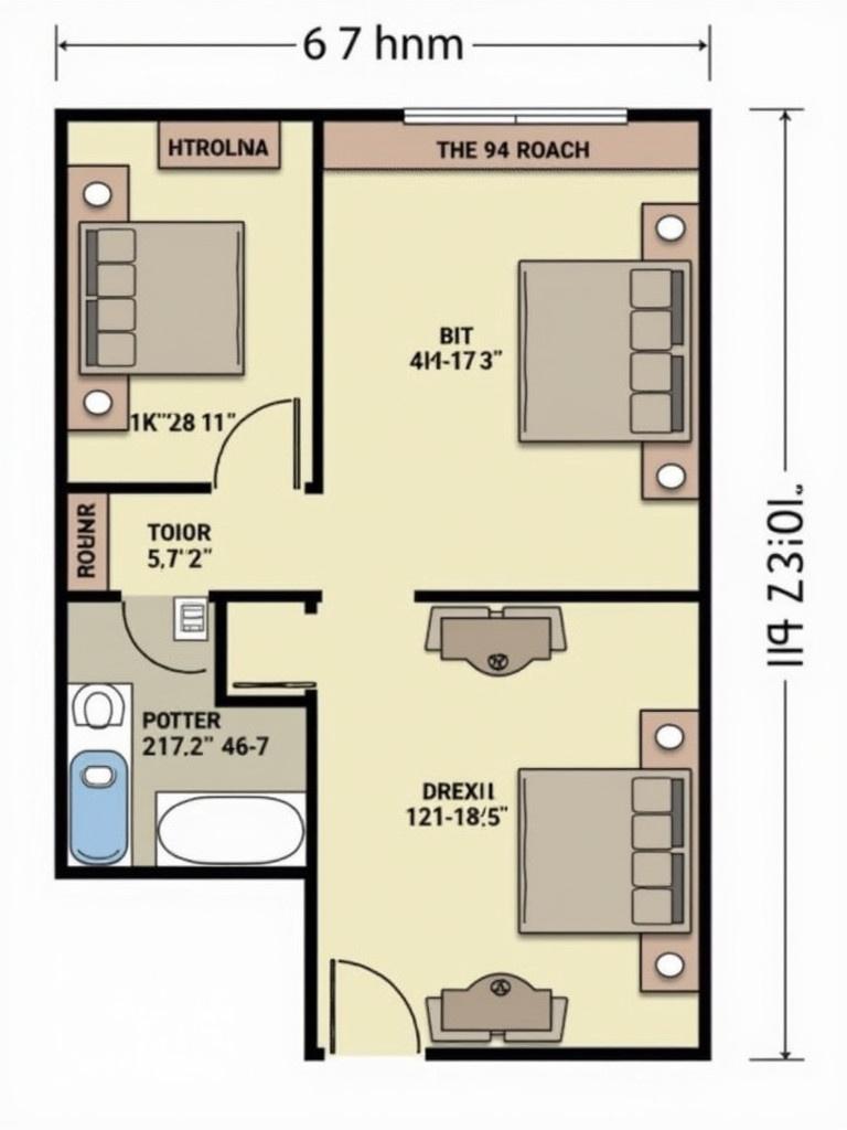 A detailed 2BHK apartment layout. Features two bedrooms, a kitchen, bathroom, and living area. Total area is 800 square feet. Includes dimensions for each room. Floor plan is simple and easy to read.