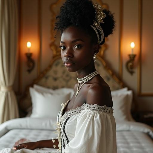 An Afro goddess inspired by Yemọja with deep black skin and delicate features inspired by Japanese beauty. Hair styled in a traditional Japanese bun with kanzashi-like ornaments. Wearing a luxurious European classic maid uniform with black accents. Background is an opulent Western-style bedroom. Magical particles like flowing water create an ethereal atmosphere.