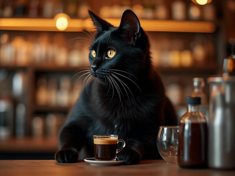 Realistic rendering of young humanoid black cat barista preparing coffee behind a bar counter. Intimate ambiance.