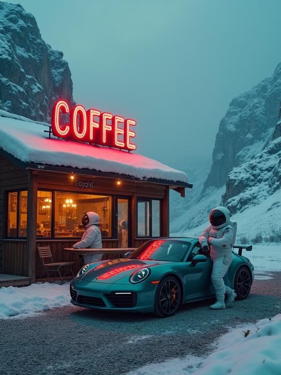 A cozy coffee shop located in snowy mountains at evening. Warm light glows from large windows. A red neon 'COFFEE' sign on the roof. A teal Porsche parked in front. An astronaut in a white suit sits at an outdoor table in contemplation. Soft snow falls around the scene.