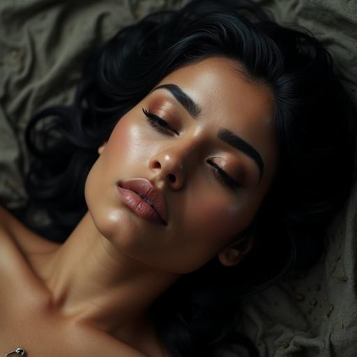 Generate an artistic image of a serene female face. Features include dark brown eyes, black hair, and full lips. The composition highlights facial beauty, with an emphasis on well-groomed thick eyebrows. The lighting is soft and natural, creating a calming atmosphere.