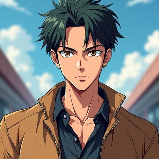 Anime male character in a full frontal view. Character wears a brown jacket over a black shirt. Character has spiky green hair. Background features a blurred street scene.