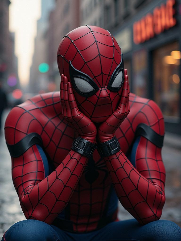 Spider-Man sits with his hands on his face. He looks sad. The urban street surrounding him is blurred in the background. The scene expresses emotional distress after a love lost.