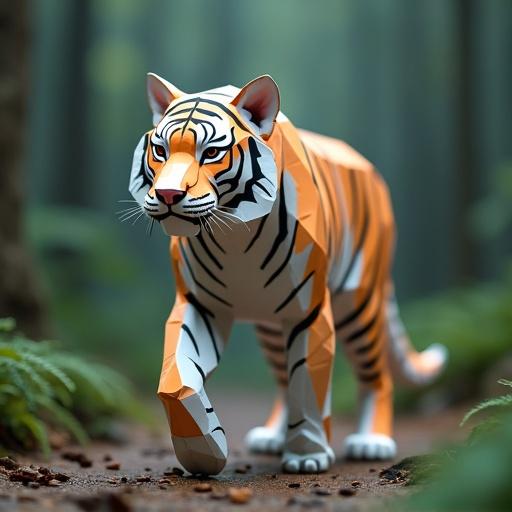 Origami tiger with paper texture and geometric folds in a forest setting. Tiger has orange and black stripes, walking forward with a proud expression. Soft natural light enhances the scene with cinematic depth of field.