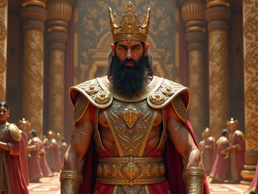 The image features a powerful and regal figure dressed in elaborate, golden armor, standing in a grand hall adorned with intricate details. This character has a majestic crown and a thick beard, embodying the persona of a mighty king. Behind him, other figures in similar attire form a captivating backdrop. Bright and warm lighting enhances the rich colors of the armor and decor, creating an epic and dramatic atmosphere. The setting evokes a sense of ancient glory and power, reminiscent of a grand historical narrative.