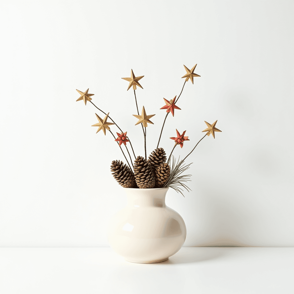 A decorative arrangement with stars and pine cones in a ceramic vase.