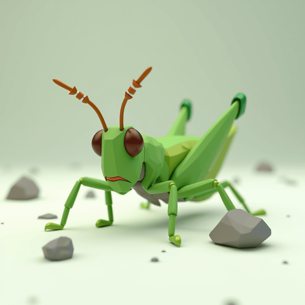 A stylized, geometric 3D rendering of a green grasshopper with large, rounded brown eyes and distinct segmented antennae, set against a minimalist pale background with scattered stones.