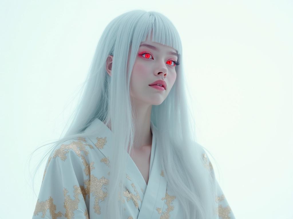 Bright surrealism art with vivid features. Female portrait. Striking red and blue eyes. Long silver hair. Wearing a marble-patterned kimono. Bright and surreal atmosphere.