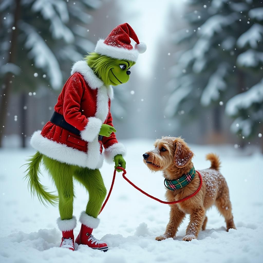 Grinch character in a red Christmas outfit with a dog in a snowy landscape. Snow covers the ground and trees.