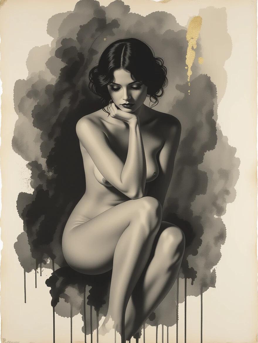 Nude masterpiece in Renoir style with elements of mixed media. Depicts shyness in a minimalist black and white setting. Conceptual art showcasing a 3D full-body nude. Inspired by famed artists Anna Silivonchik and Paolo Roversi. Features shadowy and ethereal qualities with a distressed texture. Hints of gold adorn the design on weathered parchment paper.