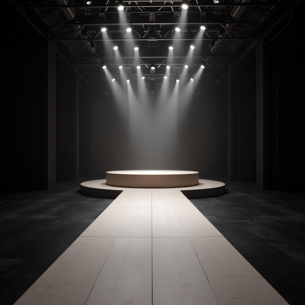 The image features a spacious stage design perfect for an event. Running from left to right is a long catwalk that gracefully extends towards a raised round stage. The environment is dim with strong lighting focused on the stage area. This creates an atmosphere of anticipation, ideal for a fashion show or performance. The color palette is minimalist, dominated by black, white, and gray, enhancing the modern aesthetic of the space.