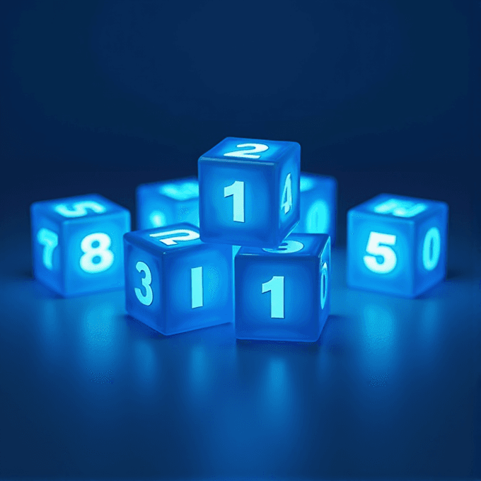 A collection of glowing blue cubes with numbers, placed in a visually appealing arrangement on a reflective surface.