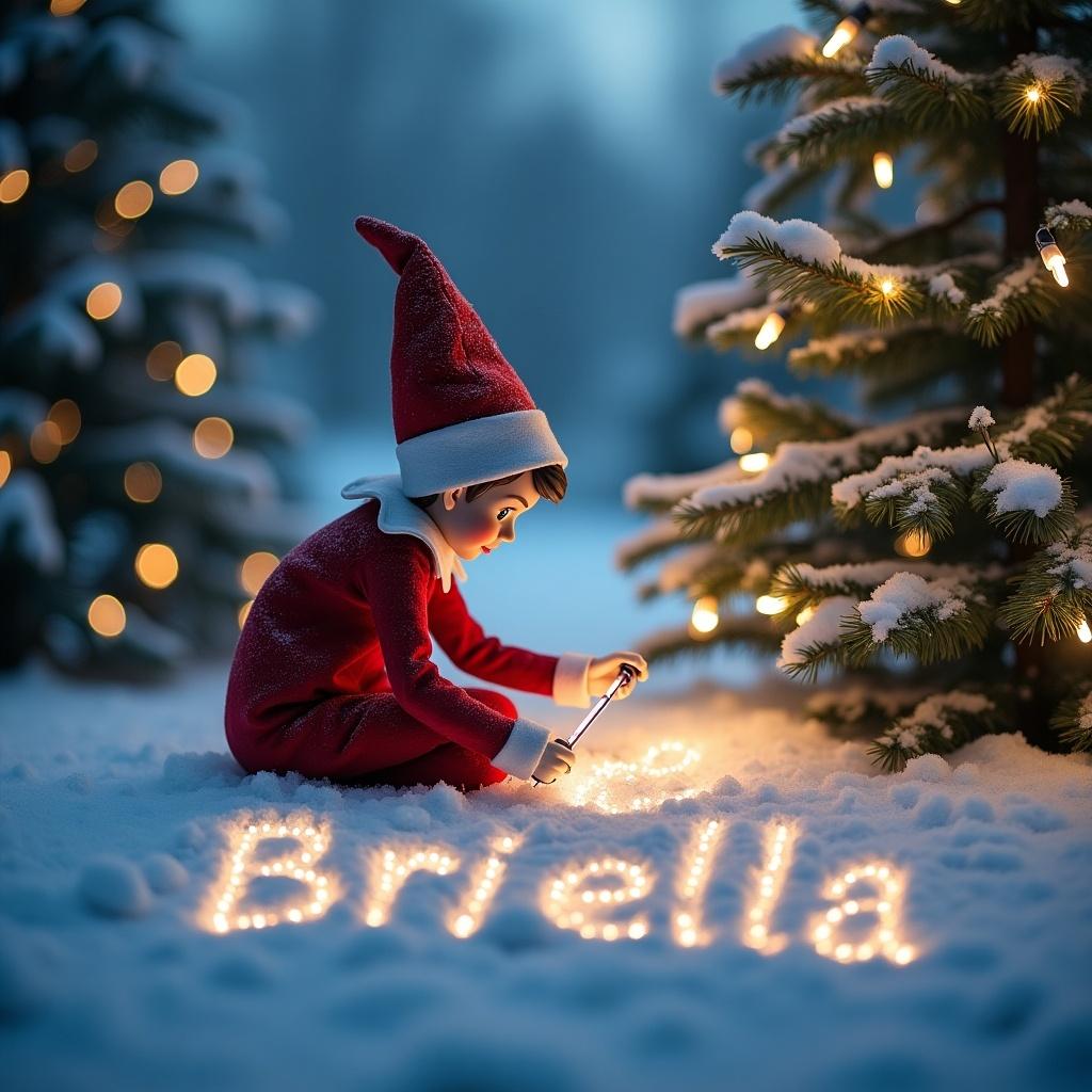 A whimsical scene of an elf sitting in the snow, dressed in a red outfit with a pointed hat. The elf is concentrated on writing the name 'Briella' in glowing lights on the snow-covered ground. Surrounding him are snow-dusted evergreen trees adorned with twinkling fairy lights. The setting captures a magical winter atmosphere with a soft twilight glow illuminating the scene. This image evokes a sense of joy, celebration, and the magic of Christmas.