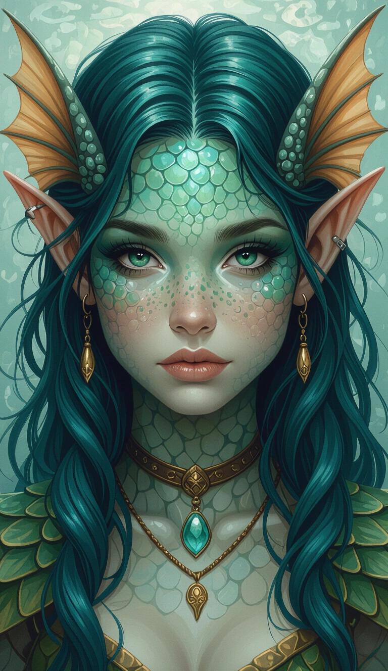 Acrylic-painting style of a young teen druidic fish-girl. She has sharp fins and webbed features. The skin is fully teal colored with fish scales. She wears Theros-Fantasy clothing. The hair is green and the character feels unreal and inhuman. The ears resemble fins instead of normal ears, with scales on the face replacing freckles.