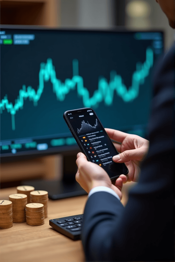 A person in a suit examines financial data on a smartphone, with a monitor displaying a stock chart and stacks of coins nearby.