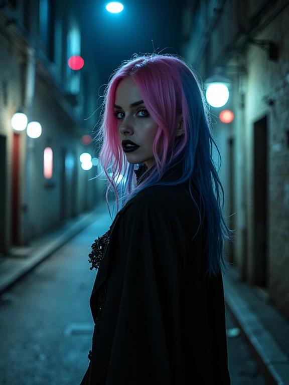 Photo of a gothic-themed woman at night. She has pink and blue ombre hair and blue eyes. Styled with a vampire influence from Underworld films. Urban alley setting is clear. Gothic atmosphere is strong. Woman is wearing a dramatic outfit. Dark lighting creates a chilling effect.