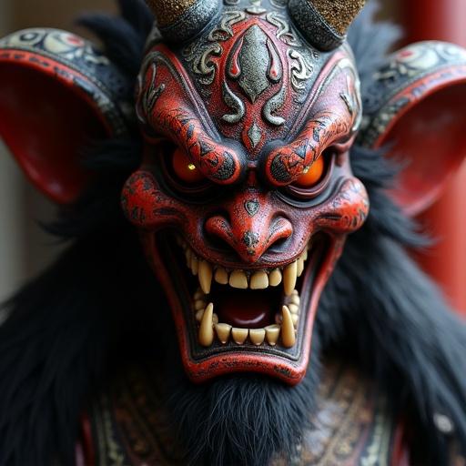 Close-up shot of a Shinigami. Detailed features and vivid colors. A ferocious expression is visible. Intricate patterns on the mask. Ethereal background. Fine details capturing the essence of Japanese mythology.