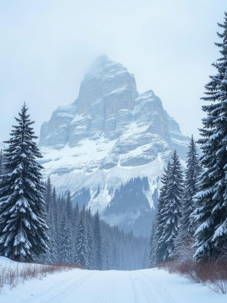 A snowy scene features a towering mountain in the background. The foreground shows a snowy road surrounded by tall pine trees. The atmosphere is cold and serene with snowfall blanketing the landscape.