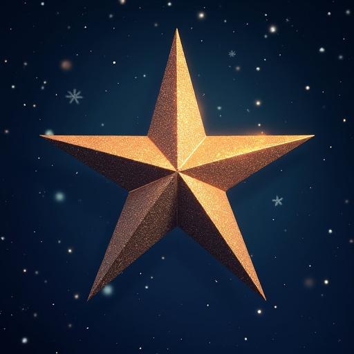 A shiny five-pointed star with a gold glitter texture. Surrounded by a starry night sky with snowflakes gently falling. A serene and festive atmosphere.