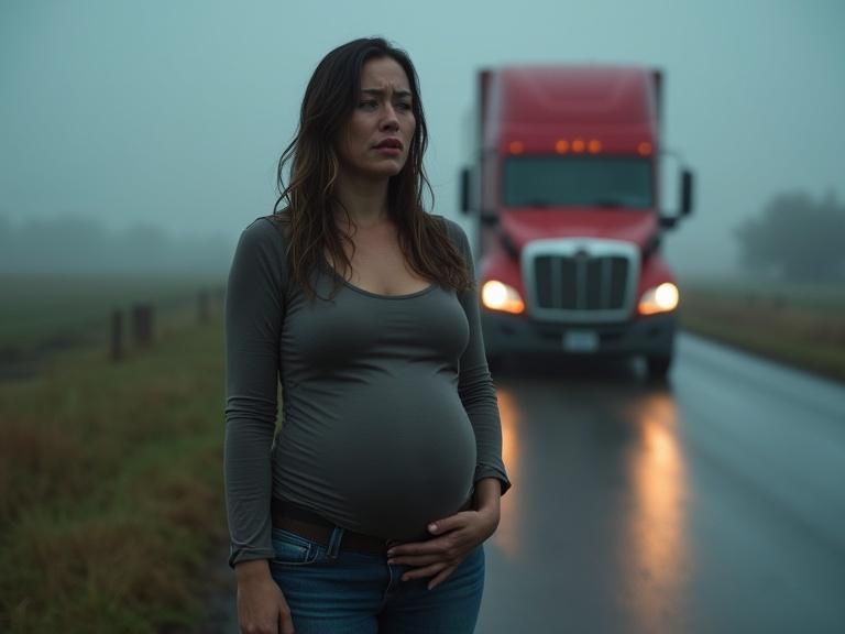 Pregnant woman stands distressed on a rainy roadside. She wears a tight top and jeans. Hair is wet, and she appears dirty. A red semi-truck is in the background on a wet road. The atmosphere is moody and emotional, with fog present.