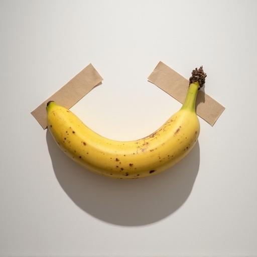 Banana taped to a wall in an art gallery. Focus on the banana's shape and color. Background is plain and white. Minimalism is emphasized.