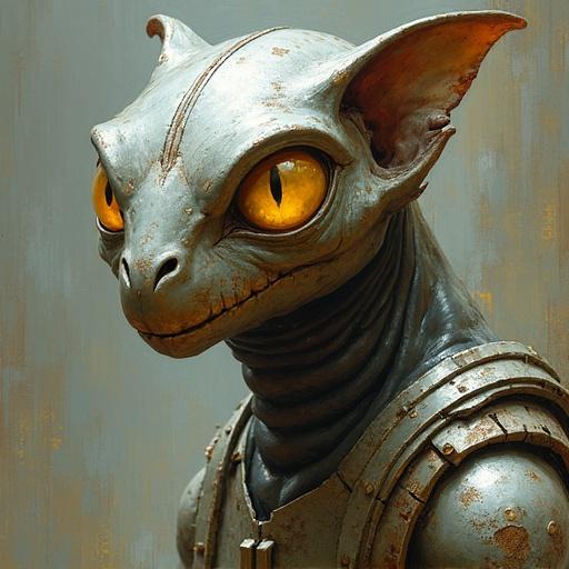 Painting by Stephen Grimshaw. Humanoid creature with metallic skin and yellow eyes. Depicts the 'quickling lord'. Illustrates speed and agility in a fantasy setting.
