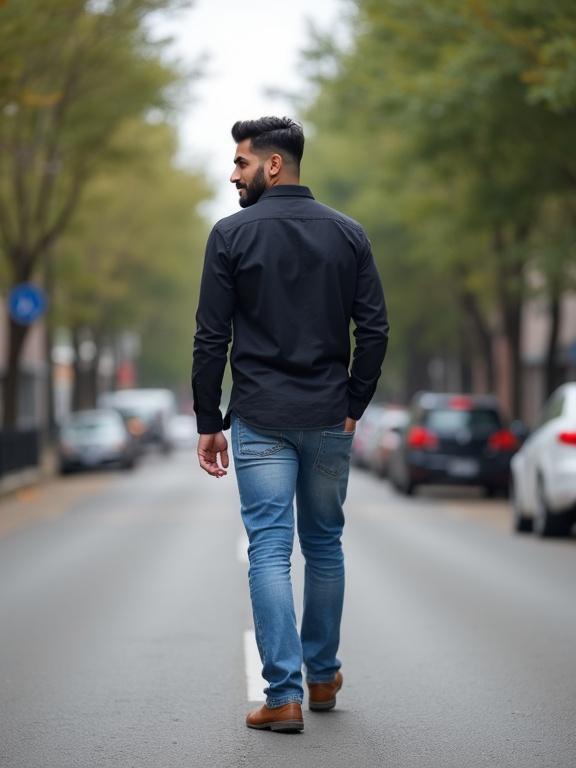 A man walks down an urban street looking back at the camera. He wears a dark shirt and light blue jeans.