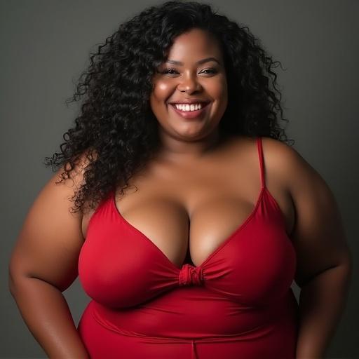 Big curvy woman smiling wearing red swimwear. Focus on her face and chest. Hair is curly. Neutral background.